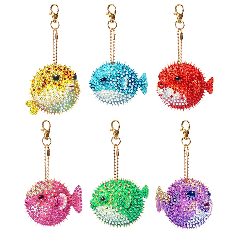 【Key-chain】6Pcs Double Sided Special Shaped Puffer Fish Diamond Painting Keychain Decor gbfke