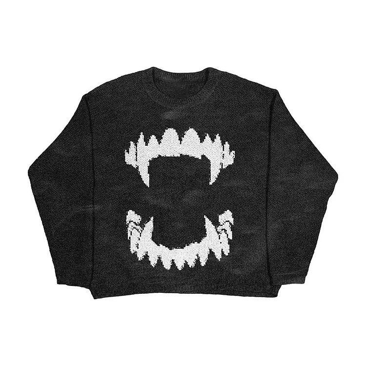 Street Sweater Teeth Pattern Jacquard Knitted Sweater Pullover at Hiphopee