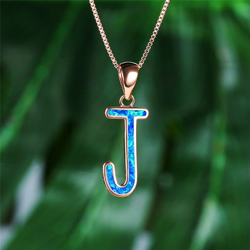 Luxury Female Letter J Pendant Necklace Rose Gold Silver Color Chain Necklaces For Women Charm Blue White Opal Wedding Necklace