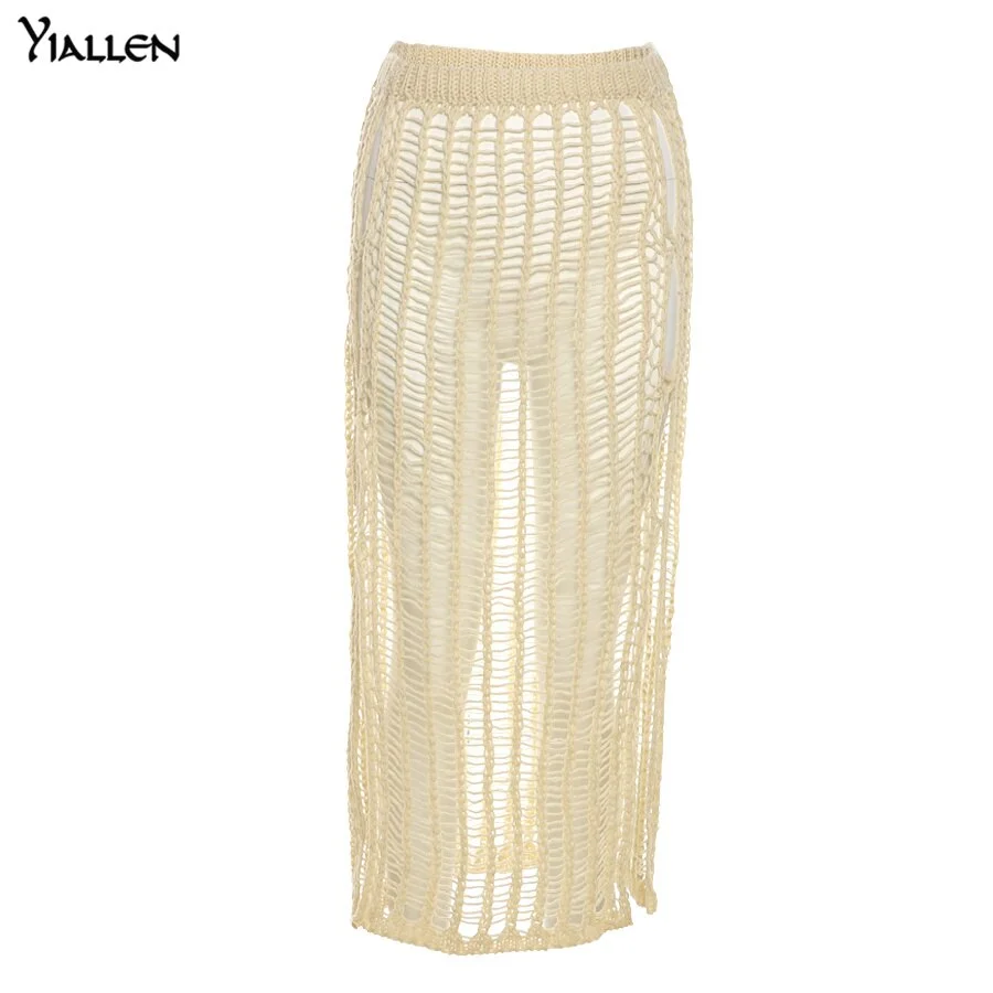 Yiallen Summer Yellow Openwork weaving Long Skirt 2021 New Women Sexy Chic Maxi Skirt Casual Streetwear Club Party Y2k Outfits