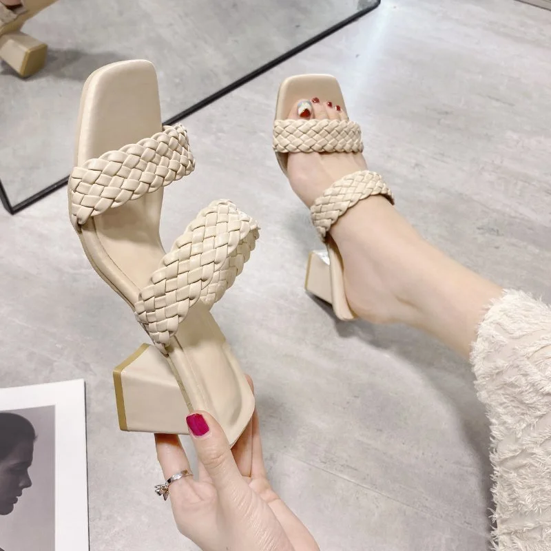 Qengg Summer New Large Size Sandals Thick Heel with Square Head Solid Color Outer Wear High-heeled Woven Women's Slippers