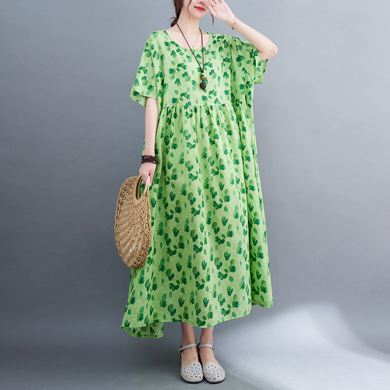 Loose Fresh Print Round Neck Short Sleeve Midi Dress