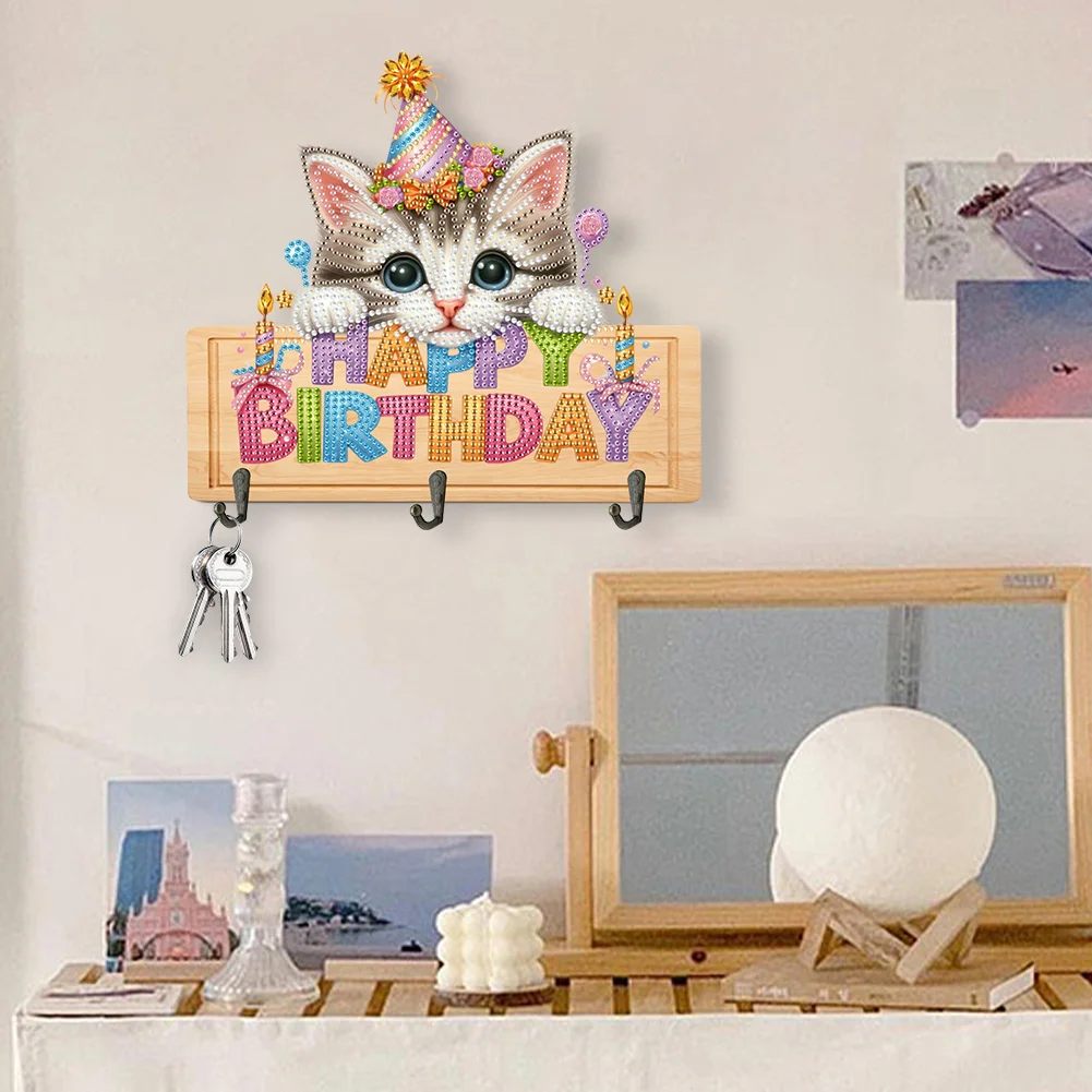 DIY Happy Birthday Cat Wooden Special Shape 3 Hooks No Punch Diamond Painting Hook Rail