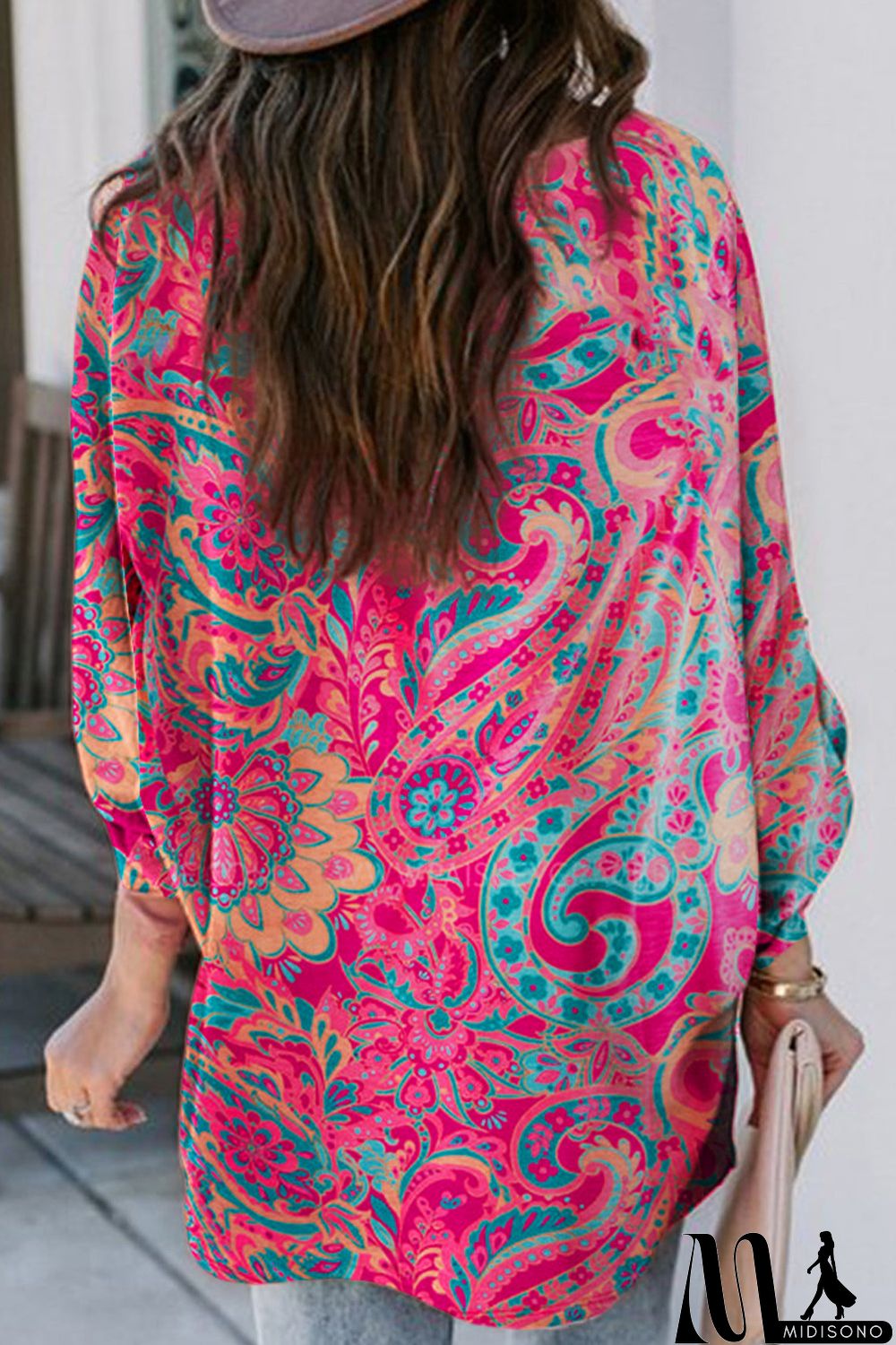 MidiSono - Rose Red Paisley Print Tab Sleeve V-Neck Blouse