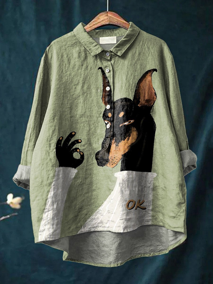 Vintage Funny Dog Art Print Casual Cotton And Linen Shirt