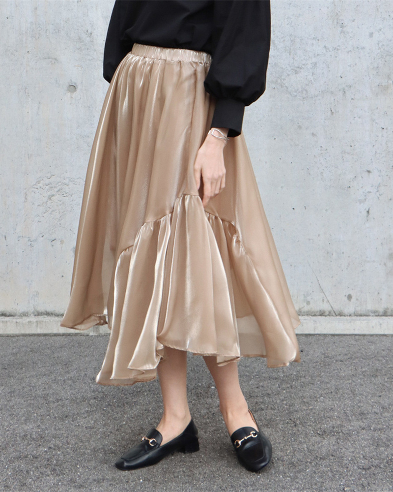 Asymmetric Ruffle Detail Solid Color Midi Skirt