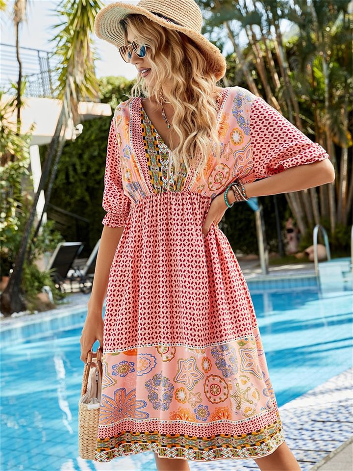 Vacation  Loose Four-sided Elastic Positioning Print V-neck Short-sleeved Bohemian Dress -vasmok