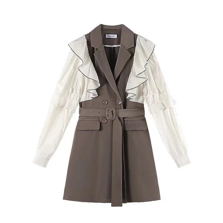 Chic Flouncing Double Button Belted Lapel Blazer Dress - Modakawa Modakawa