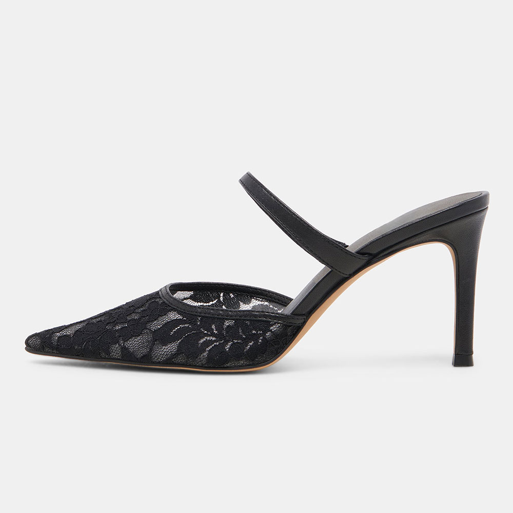 Black Floral Lace Closed Pointed Toe Stiletto Heel Mules for Women Nicepairs