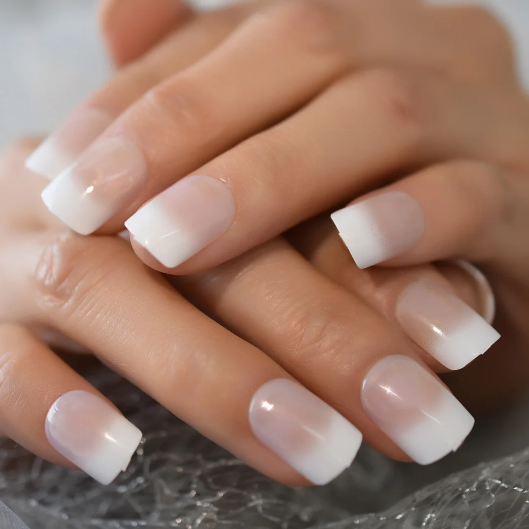 French Manicure 24 Units Faux Ongles Short Squoval Rose Mixed Milky White Press On Nail Large-Nail Inspo