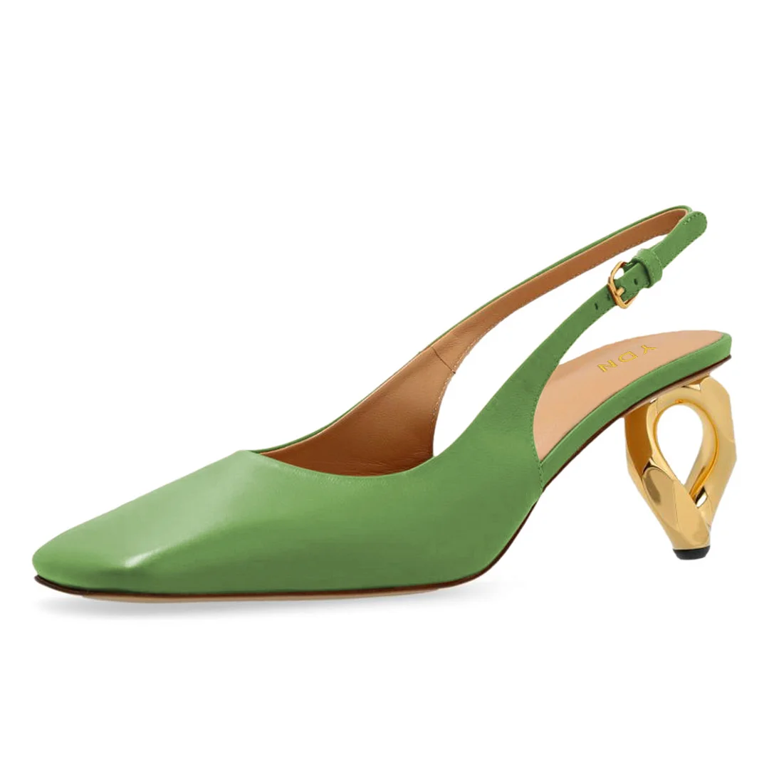 YDN Simple Green Square Toe Sculptural Heel Slingback Pumps