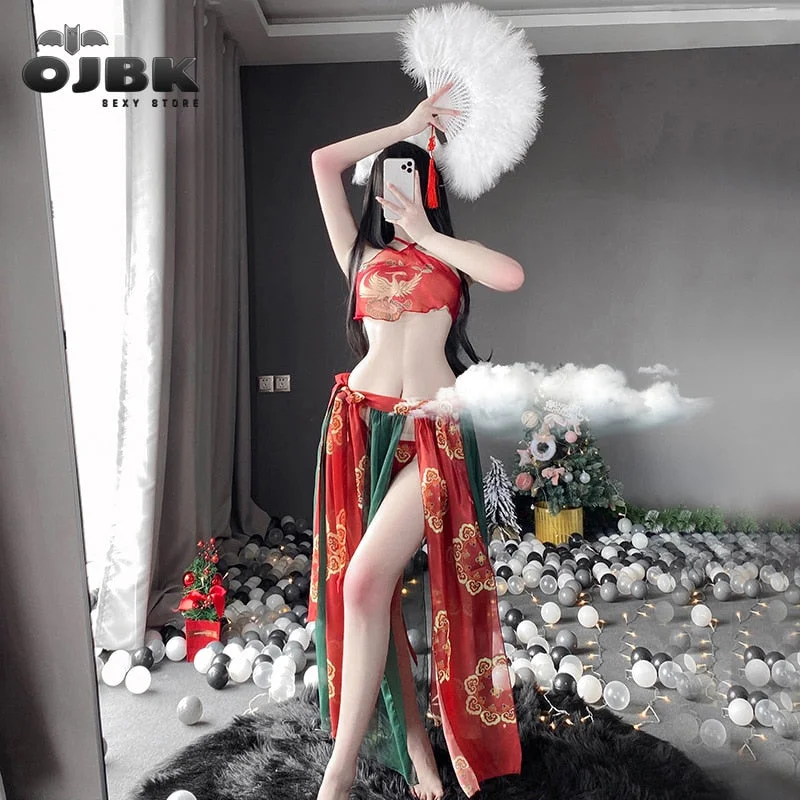OJBK Traditional Classic Chinese Sexy Lingerie For Women Stage Costumes Anime Cosplay Outfit Chiffon See Through Bra And Dresses