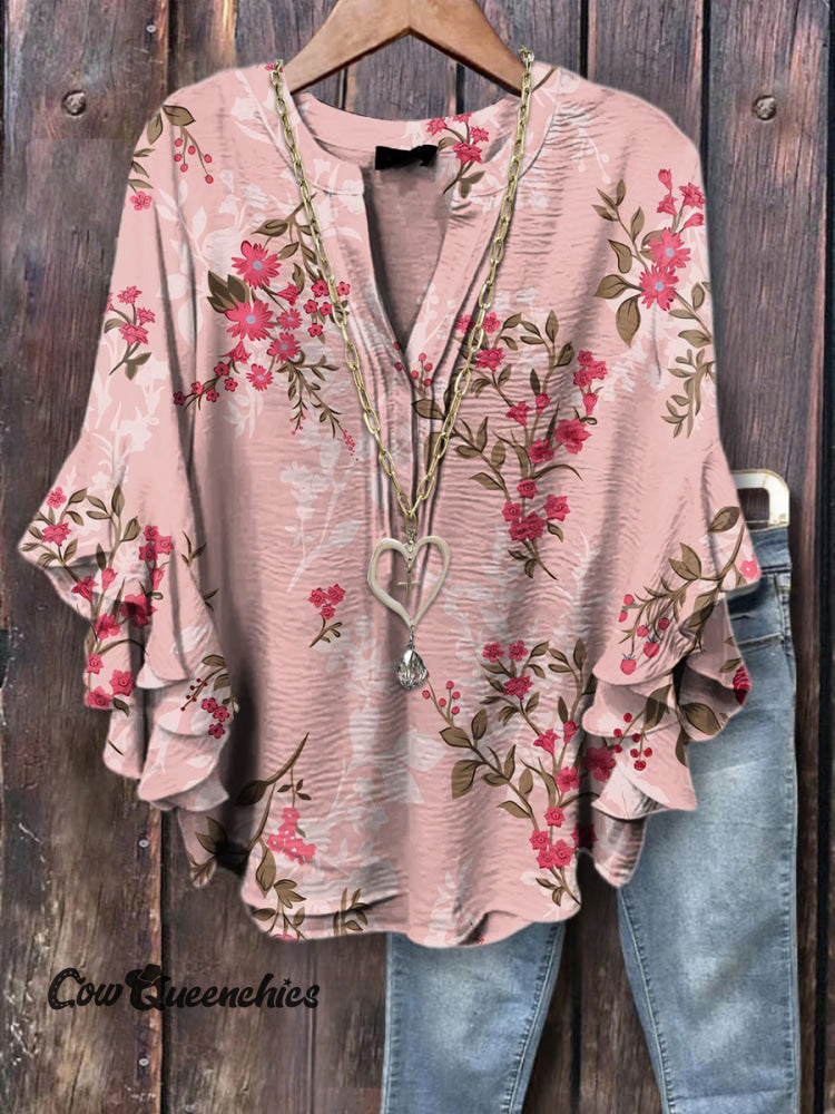 Women&rsquo;s Vintage Floral Print Ruffle Sleeve Top Pink / S