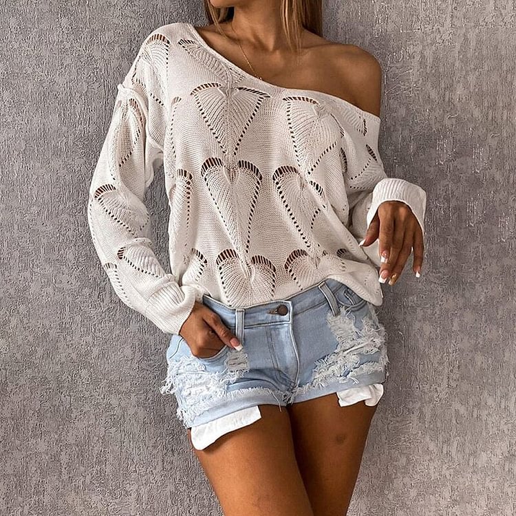 Spring Autumn Solid Color Slash Neck Long Sleeve Casual Women Blouses Daily Shirts Hollow Out Open Knit Sweater Ladies Tops - BlackFridayBuys
