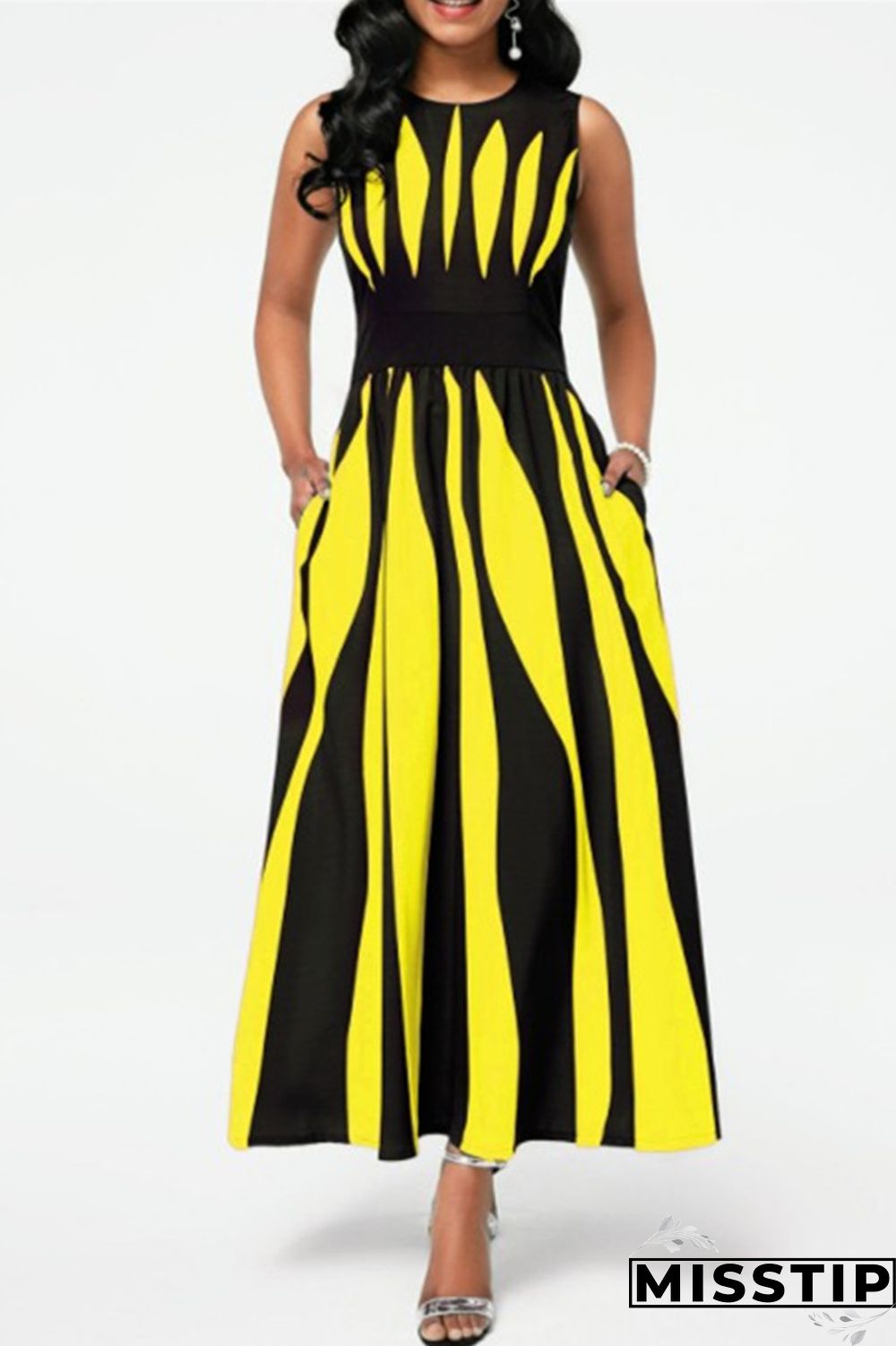 Black Purple Fashion Casual Print Patchwork O Neck Sleeveless Dress