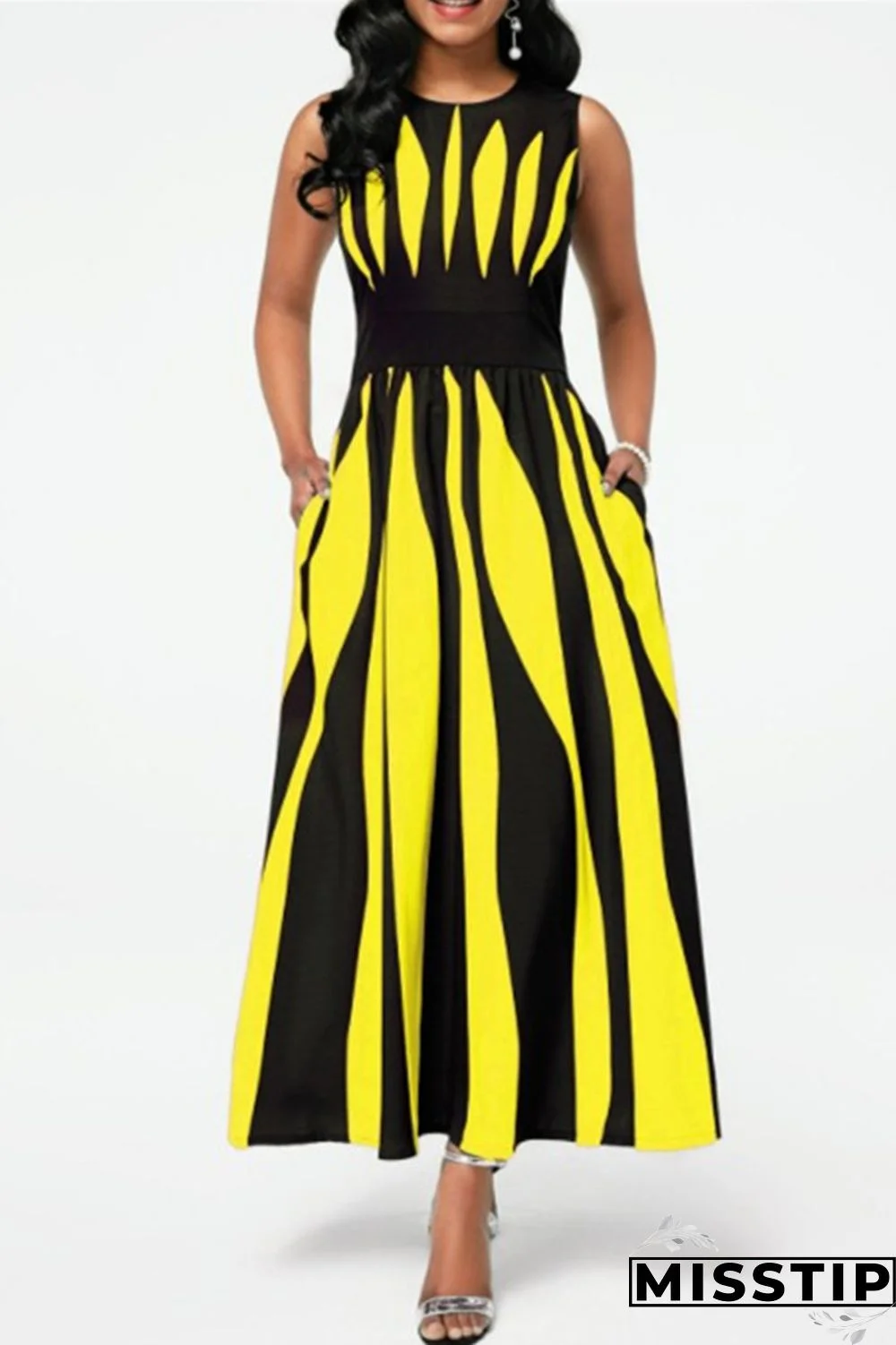 Black Purple Fashion Casual Print Patchwork O Neck Sleeveless Dress