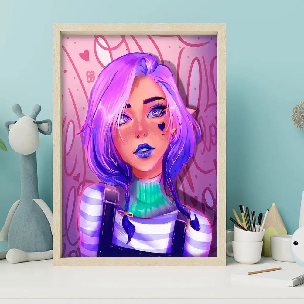 Full Round Diamond Painting 30*40cm - Purple Hair Girl