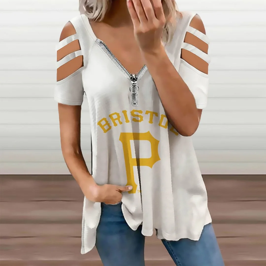 Shoulder Off V-neck Zipper Front Short Sleeve Casual T-shirt for Women Printed with Pattern,Yellow,White,Black