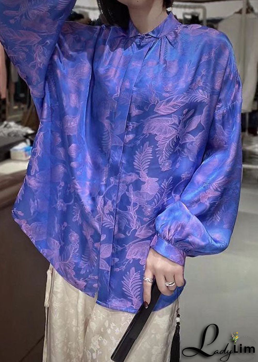 Beautiful Green Stand Collar Patchwork Jacquard Silk Blouses Fall