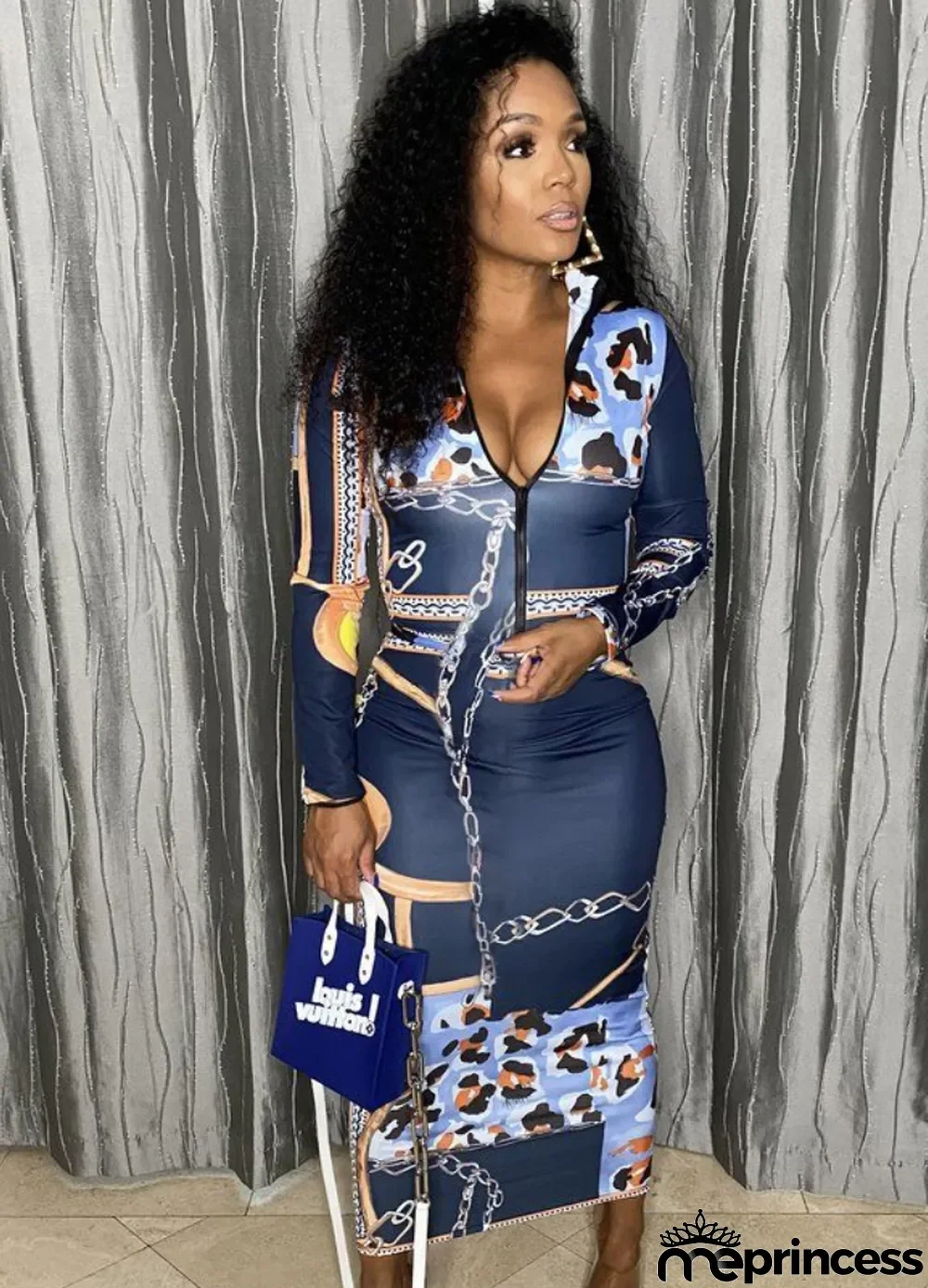 Fall Sexy Print Zip Up Long Sleeve Slim Midi Dress