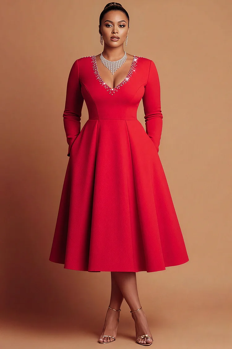 Xpluswear Design Plus Size Cocktail Party Red V Neck Long Sleeve Pocket Elegant Drilling Midi Dresses 2024 - Xpluswear