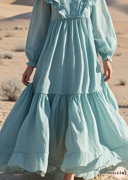 French Sky Blue Ruffled Exra Large Hem Cotton Maxi Dresses Fall