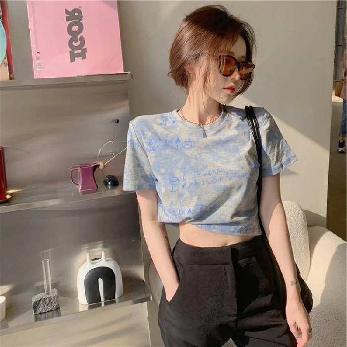 Brownm Brownm Celebrity Tie-Dye Short-Sleeved T-Shirt Women Loose Summer 2024 New Korean Version High Waist Crop Short Clothes Women