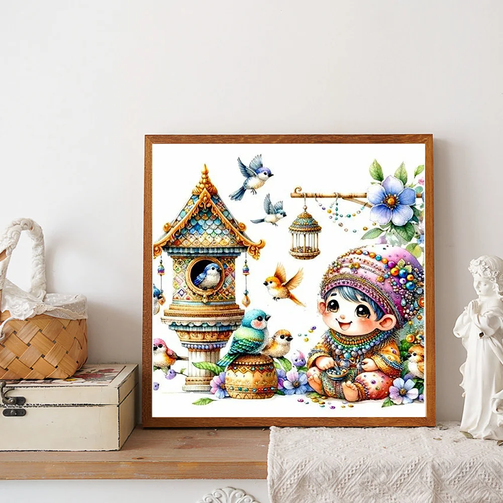 Diamond Painting - Full Round Drill - Cute Gnome Bird Nest(Canvas|30*30cm)