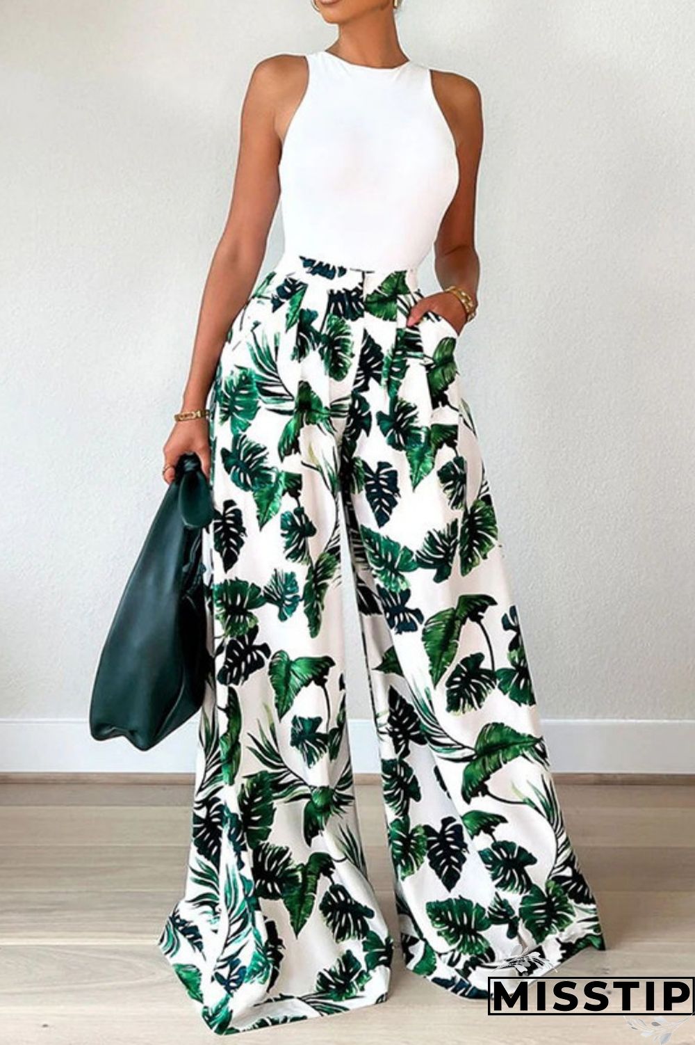 Green Casual Print Patchwork Turndown Collar Long Sleeve Two Pieces