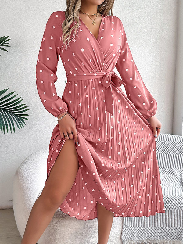 Mature Women Summer Elegant Color Clash Polka Dot Cross V-Neck Pleated Long Dress
