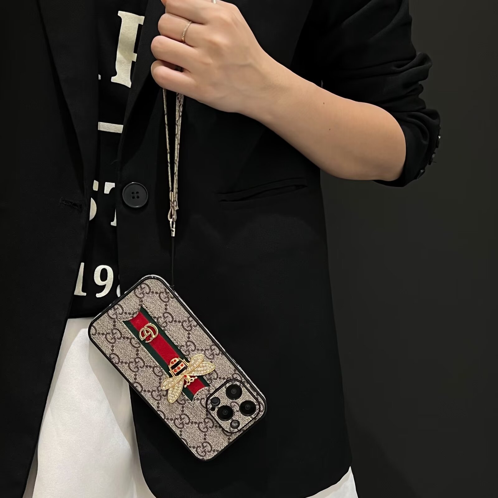 Gucci Bee Diamond Ophidia GG Leather New Apple iPhone Case