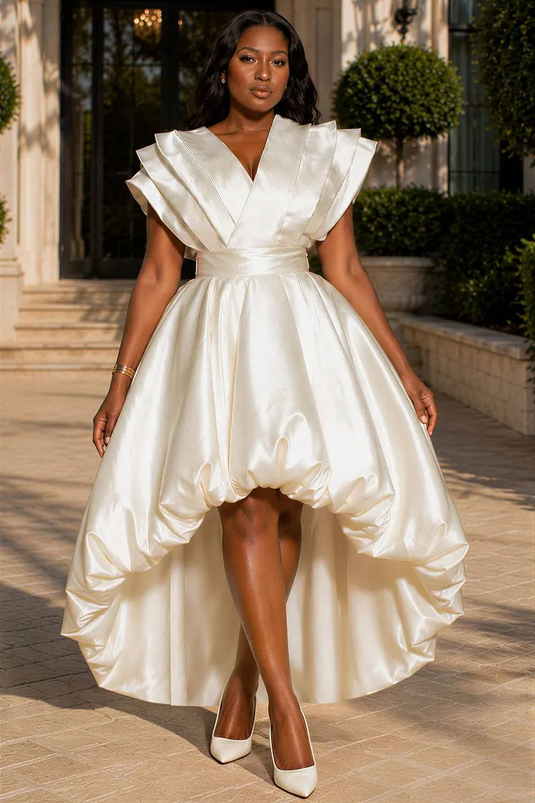 Xpluswear Design Plus Size Wedding Guest White V Neck Short Sleeve Bubble High Low Hem Satin Midi Dresses [Pre-Order] 2024 - Xpluswear
