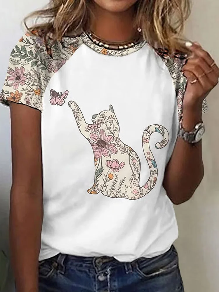 Utbros Women's Wildflower Kitten Print Casual T-shirt