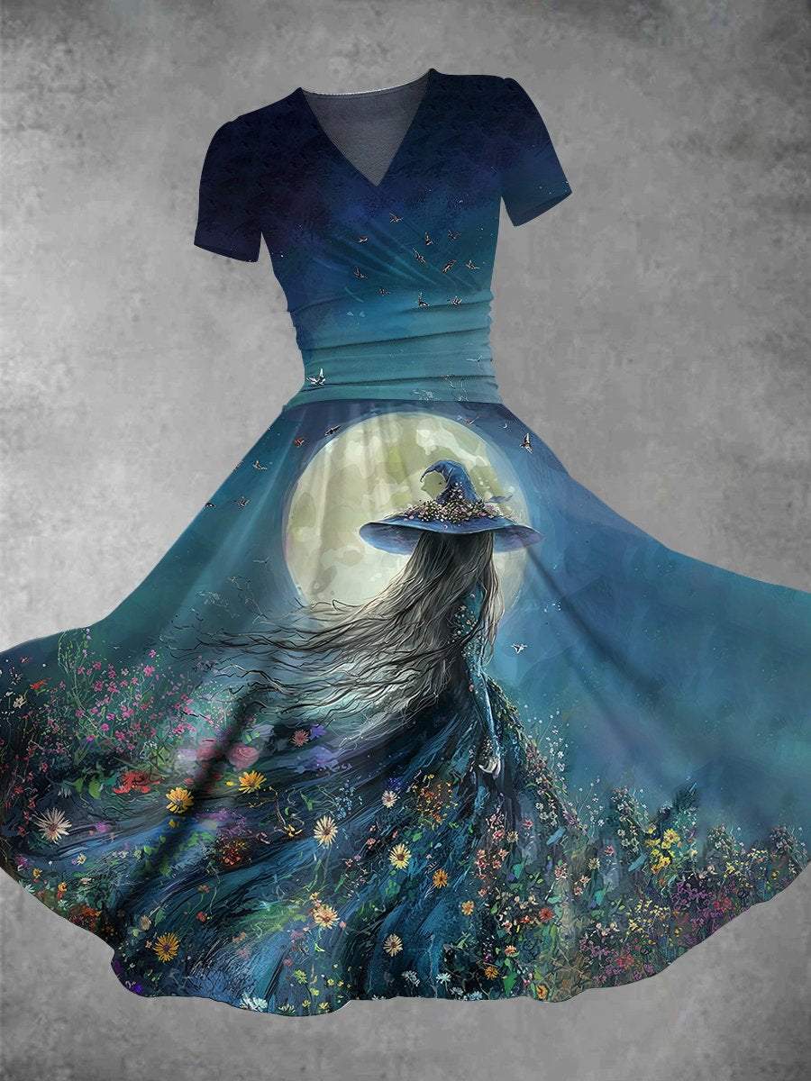Halloween Witch Art Print V-Neck  Short Sleeve Vintage Midi Dress