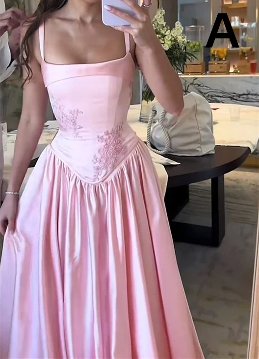 Pink Retro Elegant A-line Spaetti Strap Satin Long Evening Dress Birthday Party Dress Bridesmaid Dress