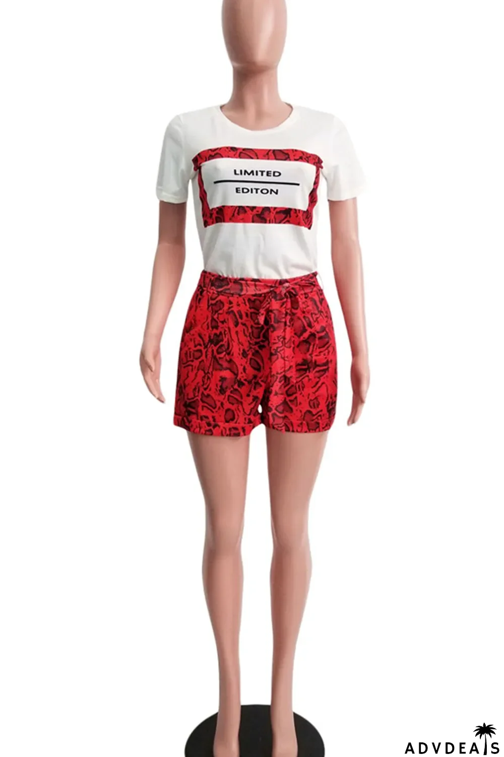 Tangerine Red Casual Street Print Patchwork O Neck Short Sleeve Two Pieces