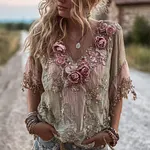 Women's Vintage Rose Floral Art Linen Blend Comfy T-shirt - Image 2