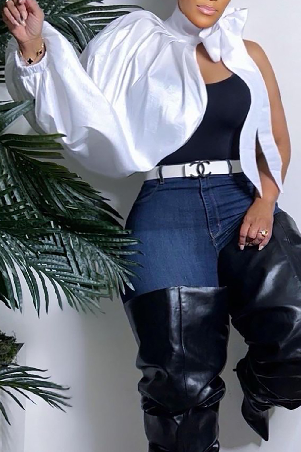 Plus Size Party Jacket White Short Fall Winter High Collar One Shoulder Long Sleeve Bow Tie Knitted Jacket