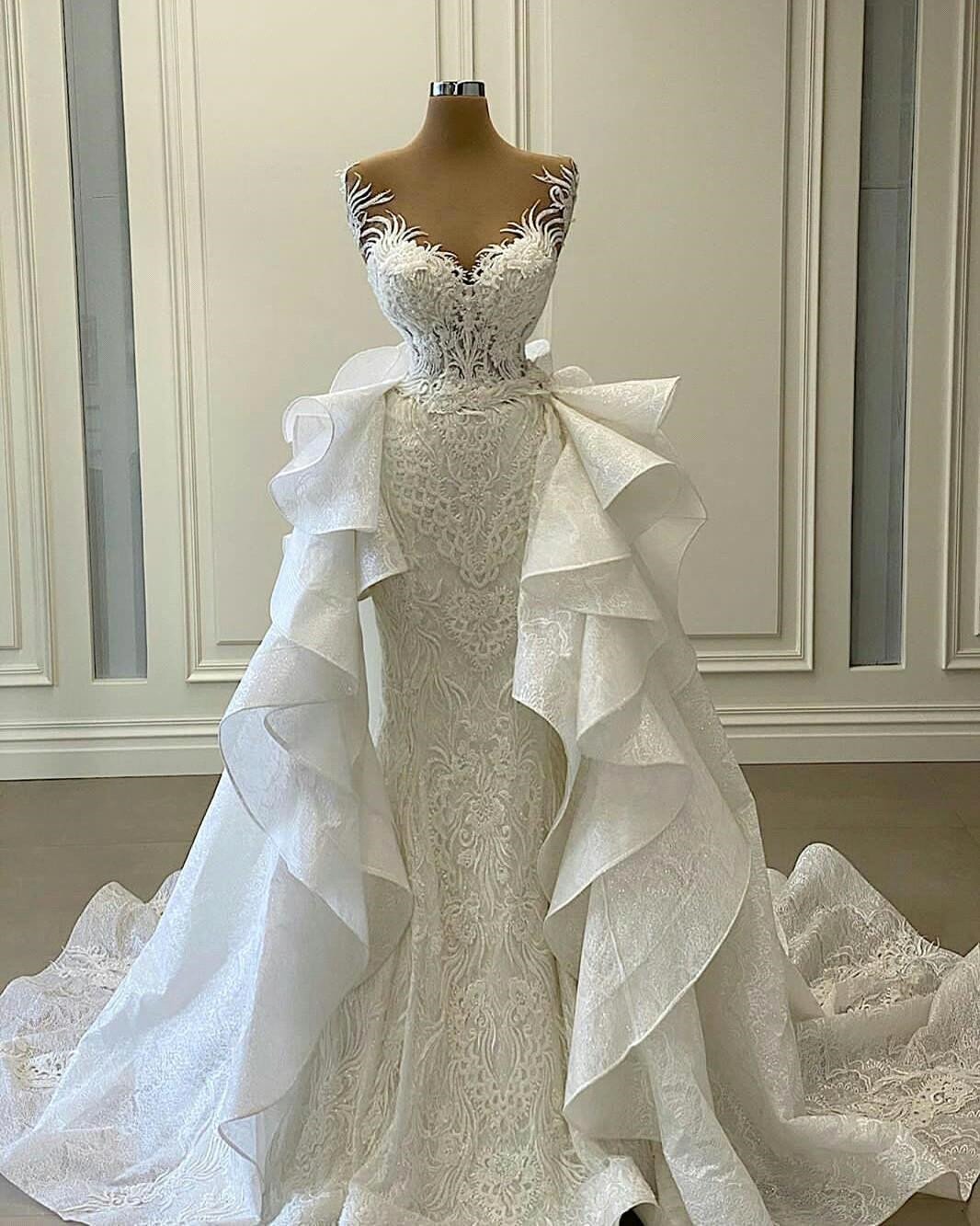Chic Appliques Lace Mermaid Sweetheart Wedding Dress With Detachable Train | Ballbellas Ballbellas