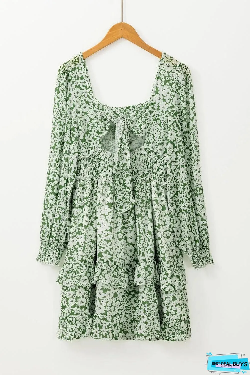 Green Floral Print Square Neck Shirred Waist Tiered Ruffled Mini Dress
