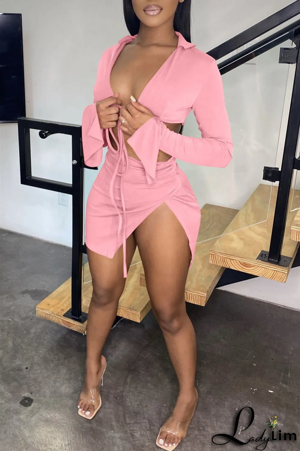 Yellow Fashion Sexy Solid Bandage Slit V Neck Long Sleeve Two Pieces