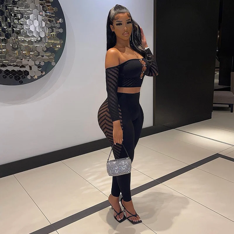 Uveng Uveng Women's Clothing 2023 Mesh Perspective Hollow Diamond Wrap Bra Long Sleeve Trousers Casual Suit