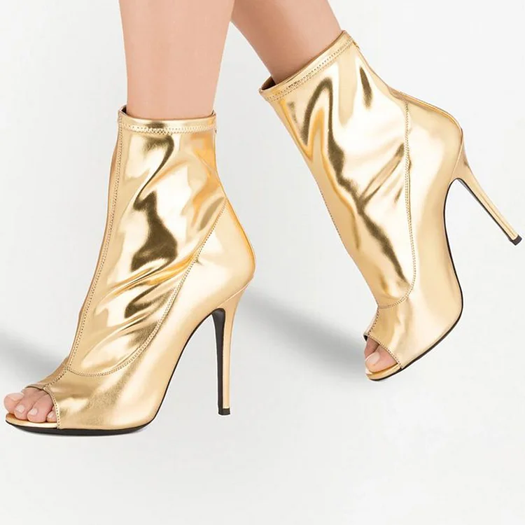 Women's Gold Peep Toe Booties Elegant Stiletto Heel Ankle Boots |FSJ Shoes