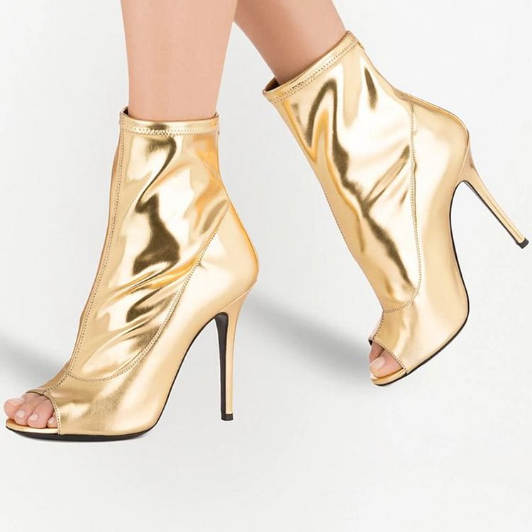 Women's Peep Toe Booties Elegant Gold Heels Stiletto Ankle Boots|FSJshoes