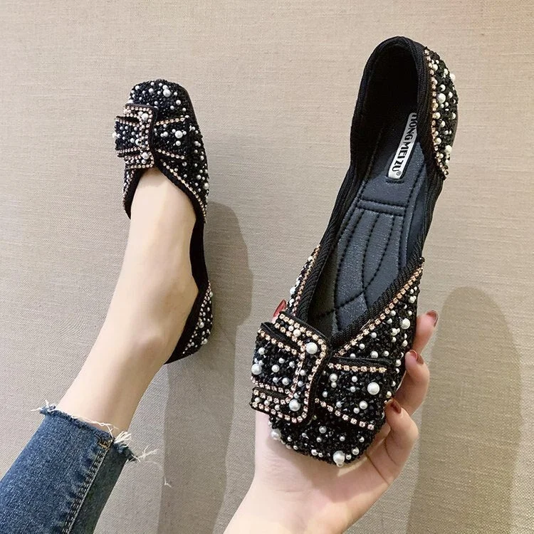 2021 Spring summer Side Buckle Shoes in Her Lag Ping Rhinestones Women Shoes Low Heel Soft Leather Comfortable Shoes Peas