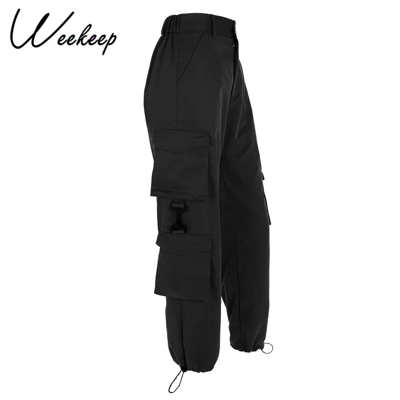 Weekeep Button Pockets Patchwork Cargo Pants Women Streetwear High Waist Trousers Women 2022 Fashion Pencil Pants Joggers Women