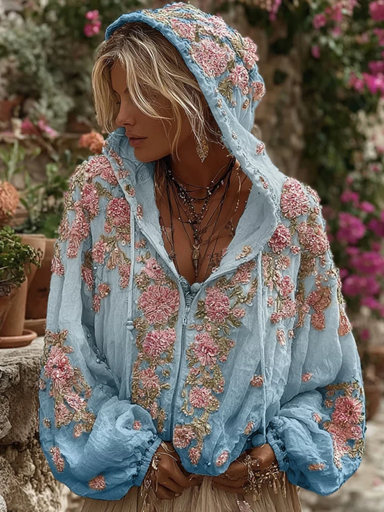 Bohemian Style Pink Rose Vintage Zip-up Hoodie