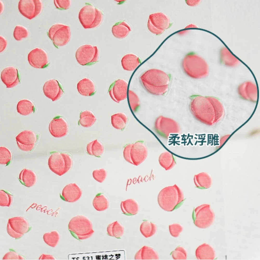 Beautizon Cherry Peach Fruit Cute Image Quality 3D Engraved Nail Stickers Nail Art Decorations Nail Decals Design