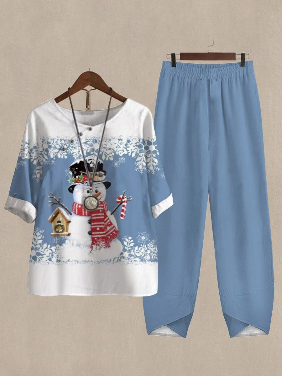 Christmas Cartoon Snowman Print Casual Two Piece Set