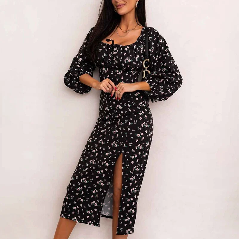 Print Side Split High Waist Long Dress Women Lace Up Off Shoulder Elegant Female Dresses 2022 Summer Beach Party Lady Vestido